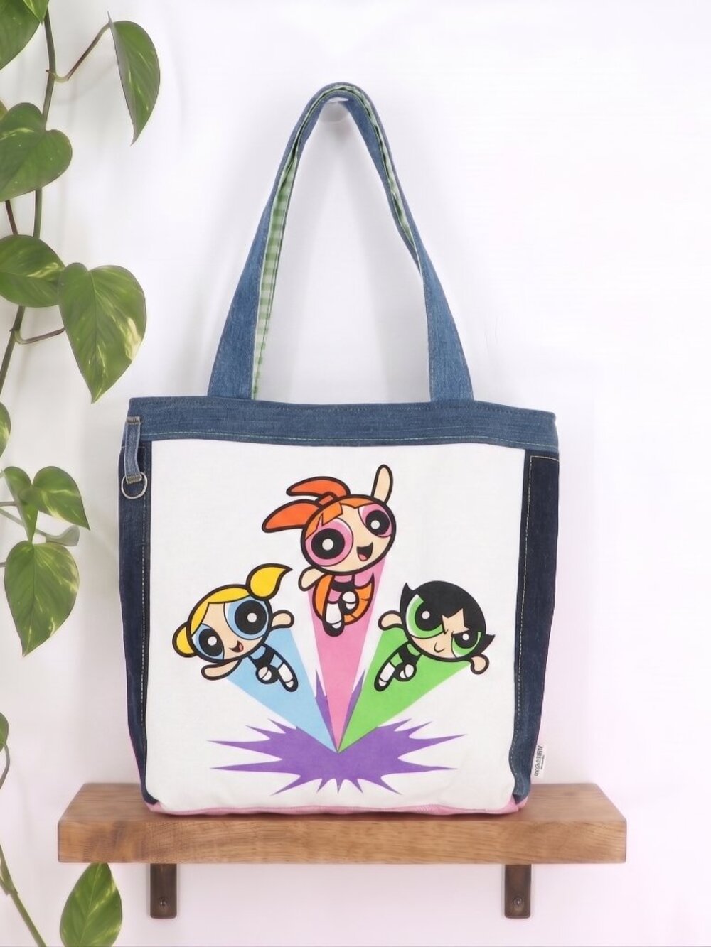 Powerpuff Girls Handmade Denim Tote Bag Upcycled Y2K Green Gingham